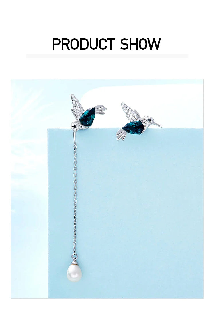 S925 Sterling Silver Hummingbird Freshwater Pearl Earrings Green Austrian Crystals Cute Animal Jewelry Gifts for Women Girls