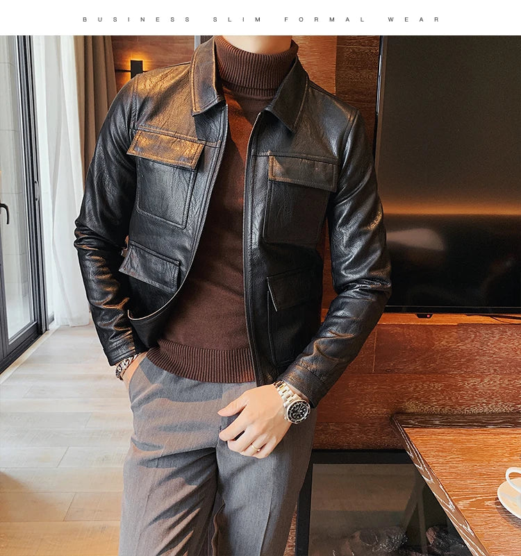 Men Faux Leather Jacket Oblique Zipper Jackets Motorcycle Black Jaqueta De Couro