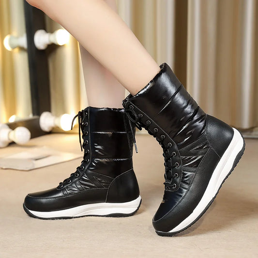 Large Size Flat-Bottomed Warm Winter Snow Boots Lace Up Women's Boots