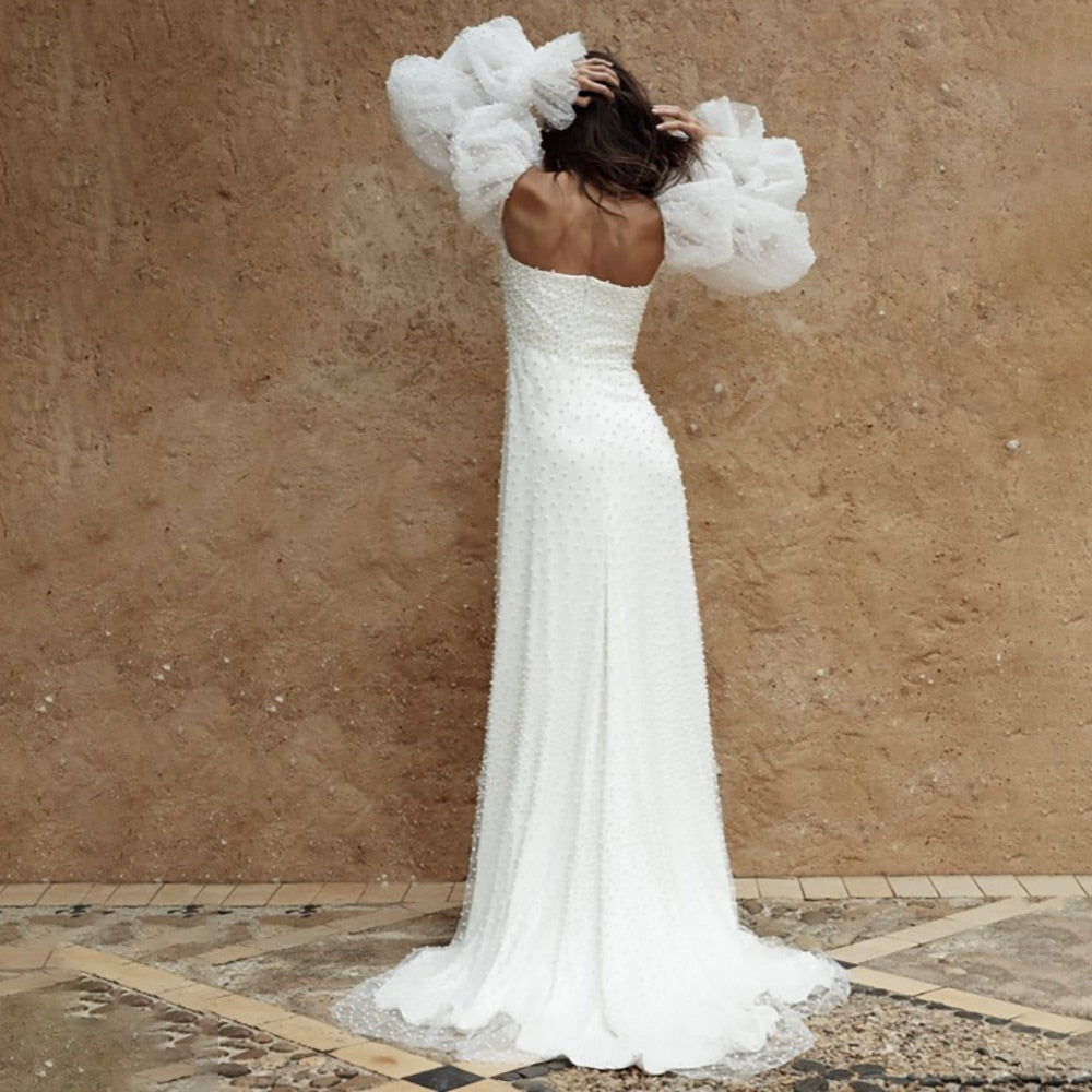 White Bridesmaid Dresses: Long Puff Sleeves Wedding Dress Backless Sweep Train A Line