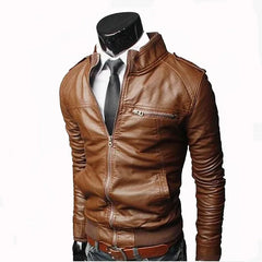 Men Faux Leather Jacket Zippers Men's Stand Collar Coat Spring Autumn Casual