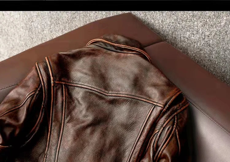 Men Leather Jacket  Swallow Tailed Vintage Motorcycle Top Cowhide Coat
