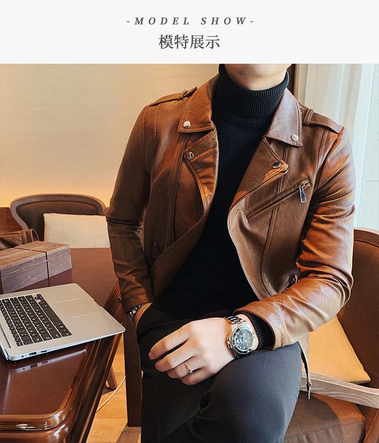 Men Faux Leather Jacket Oblique Zipper Jackets Motorcycle Black Jaqueta De Couro