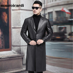 Long Black Mens Leather Blazer Jacket Long Sleeve Lapel Plus Size Faux Leather Coat