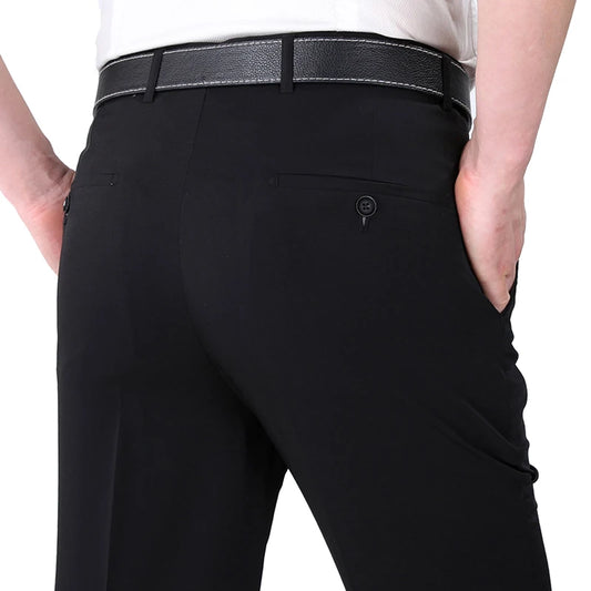 Men Silk Black Dress Pants Formal Social Office Trousers Male Summer Spring