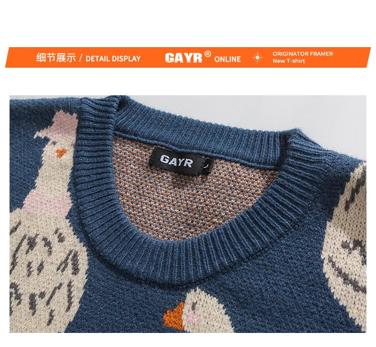 Japanese Knitted Sweater Men Cartoon Animal Duck Goose Print Pullover
