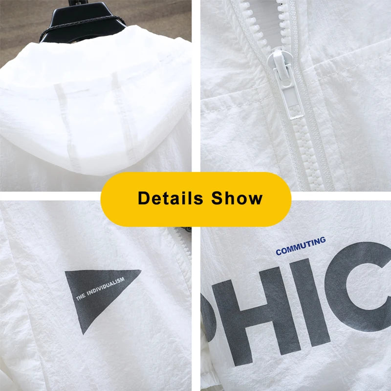 Summer UV Protection White Skin Coats Men Fashion Letter Print Hooded Casual