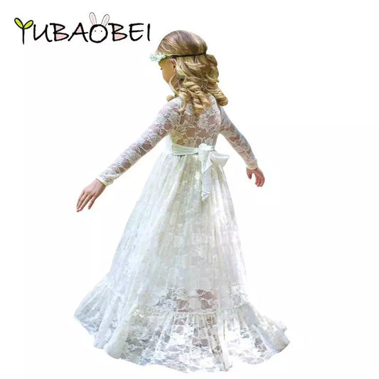 2 -12 Yrs Baby Girl Lace Maxi Dress Big Bow Long Sleeve Elegant Flower