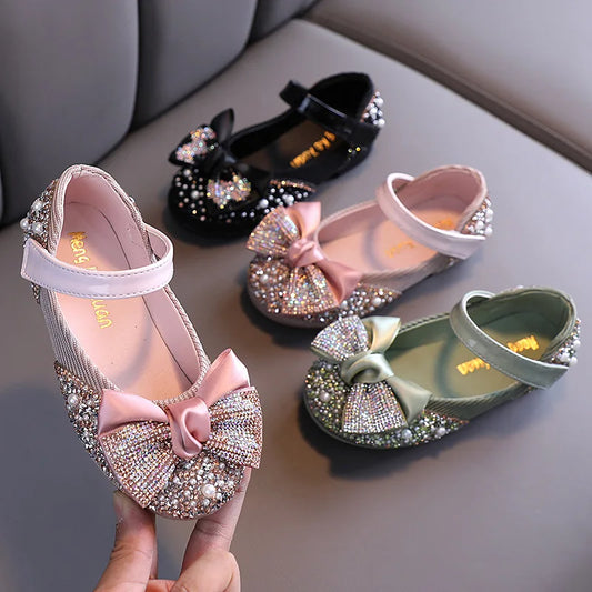 Children Leather Shoes Rhinestone Bow Princess Girls Party Dance Shoes Baby Student Flats Kids Performance Shoes D785