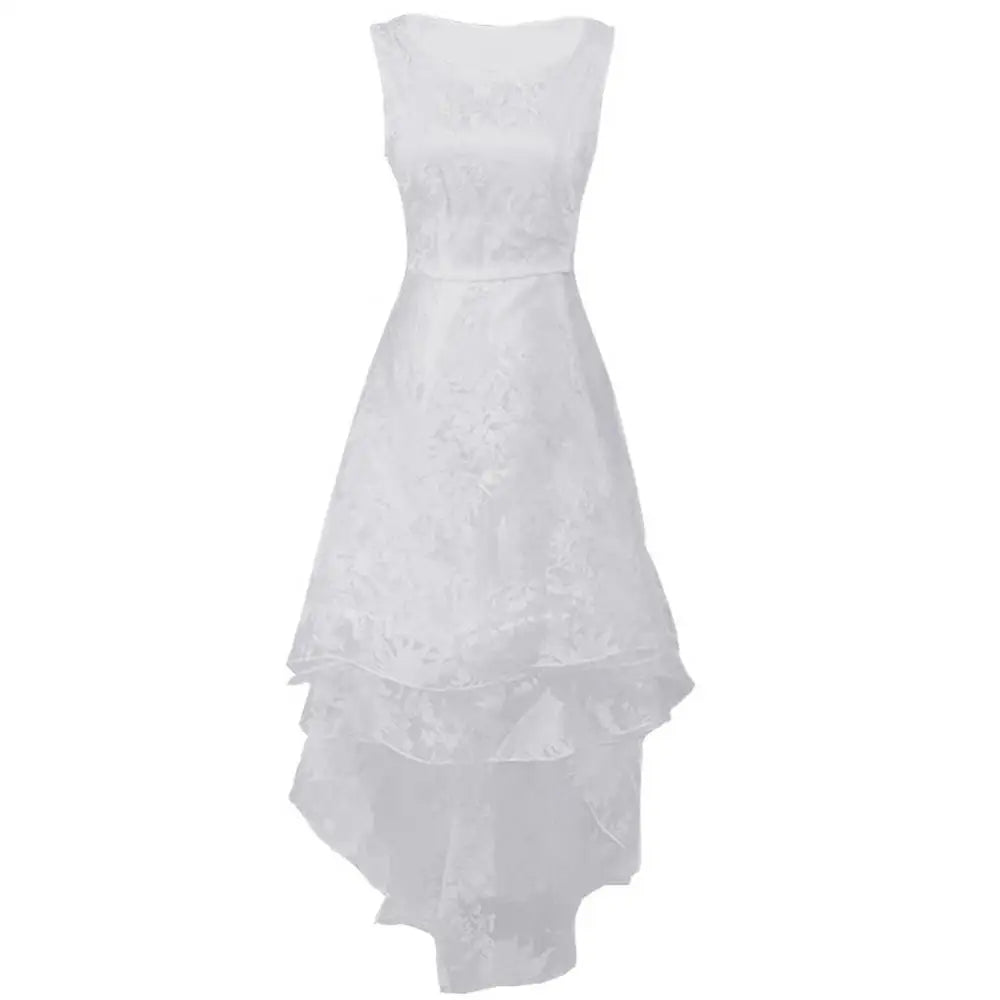 Evening Dresses:  Women Dress White Sleeveless 3 Layers Lace Irregular