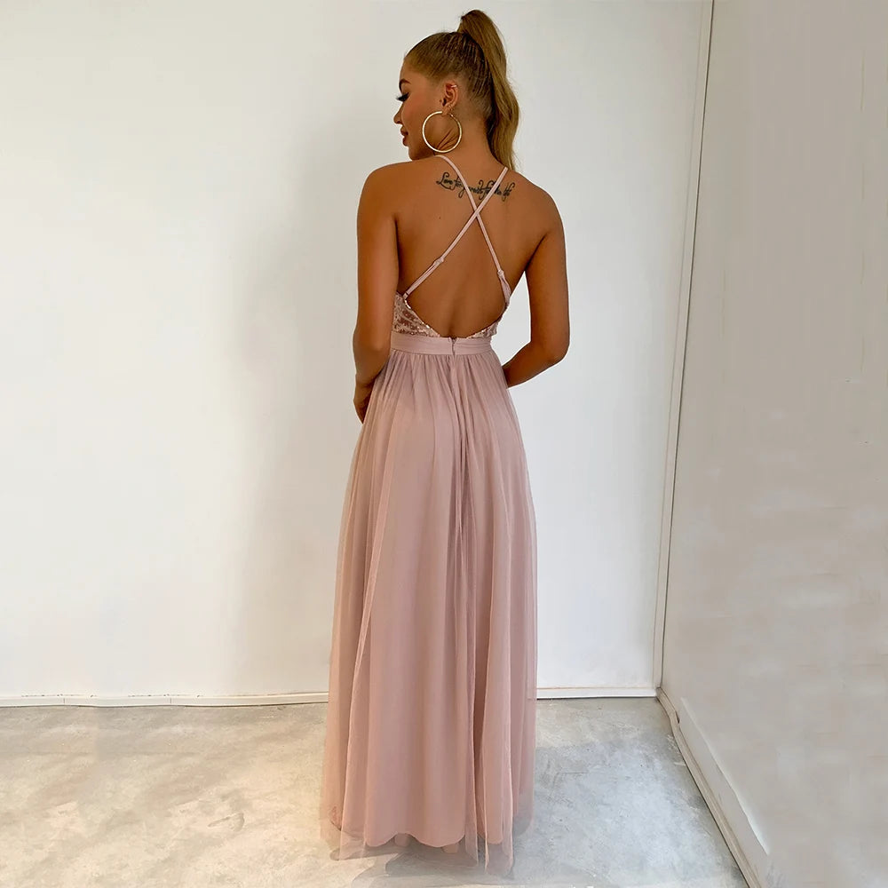 Evening wear Dresses: Backless slip Sequin corset maxi dress women mesh