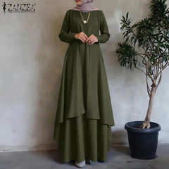 Irregular Hem Loose Long Dress Dubai Turkey Abaya Hijab Sundress Oversized ZANZEA Women Long Sleeve Muslim Kaftan Maxi Dresses