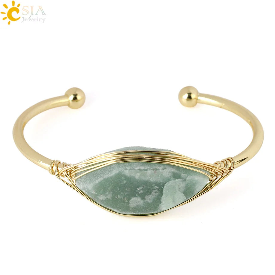 CSJA Gem Stone Open Cuffs Bracelets Crystals Natural Stones Bangles Gold Color Wire Wrap Bracelet for Friend Bijoux Femme G866