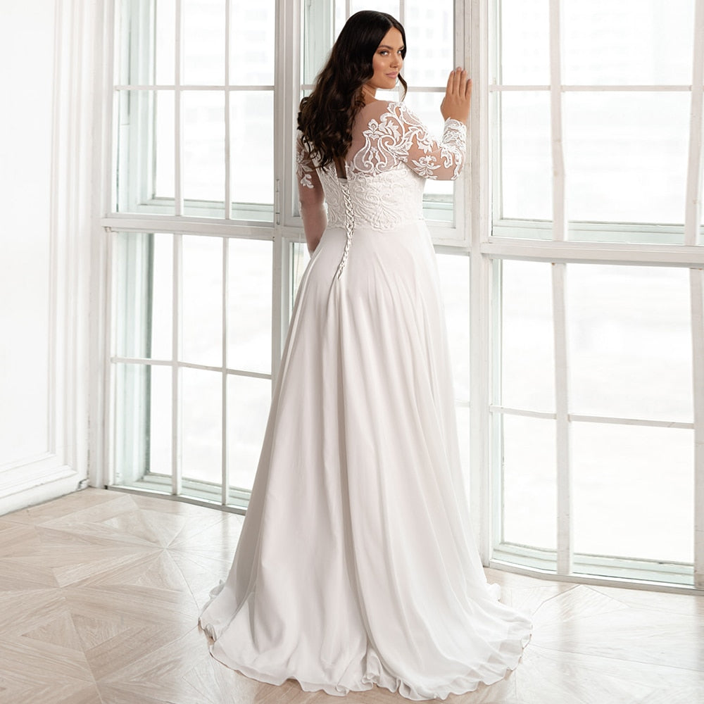White Bridesmaid Dresses: Chiffon Plus Size Wedding Dresses Scoop Neck Long Sleeves