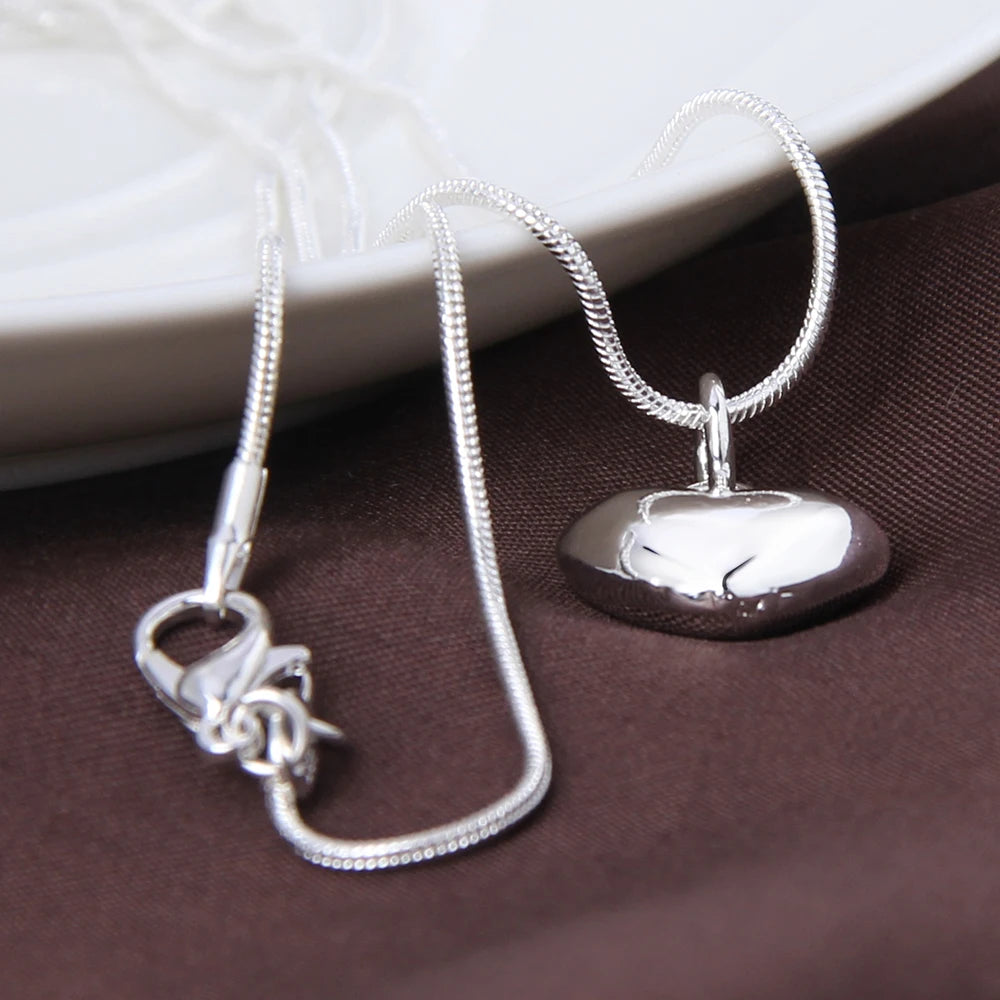 925 Sterling Silver Solid Small Heart Pendant Necklace 16-30 Inch Snake