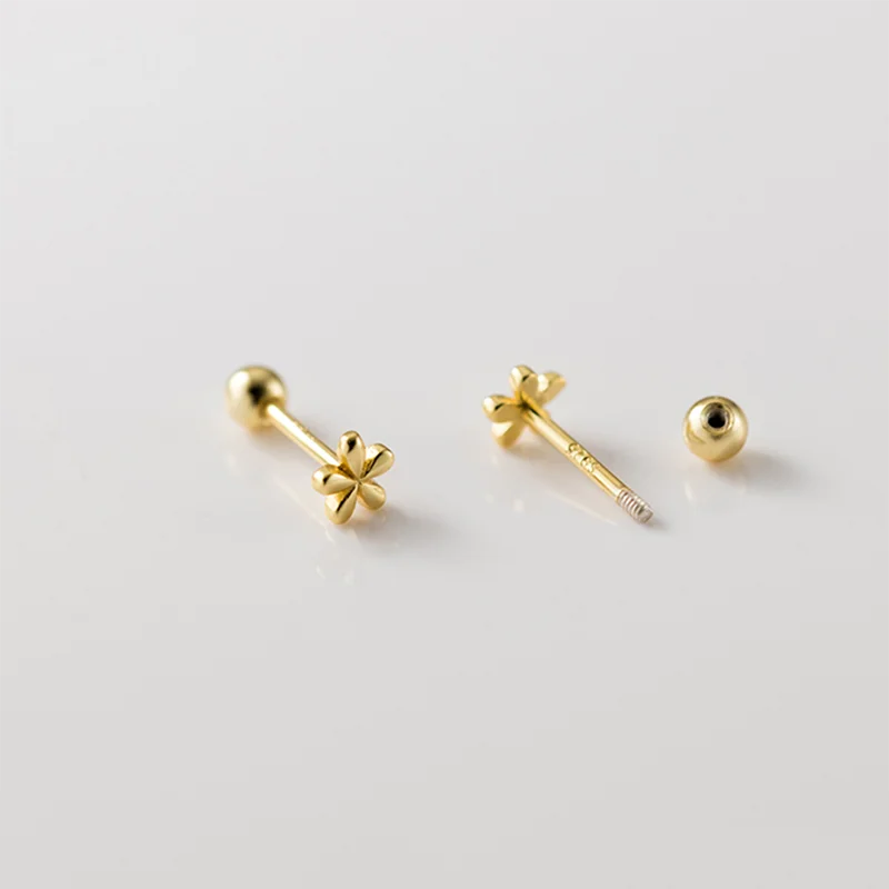 WANTME 925 Sterling Silver Fashion Simple Golden Flower Beads Small Stud Earrings for Women Teen Piercing Jewelry Accessories
