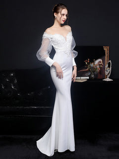 Beading Wedding Dress Women See through Tulle Long Sleeve Party Dress