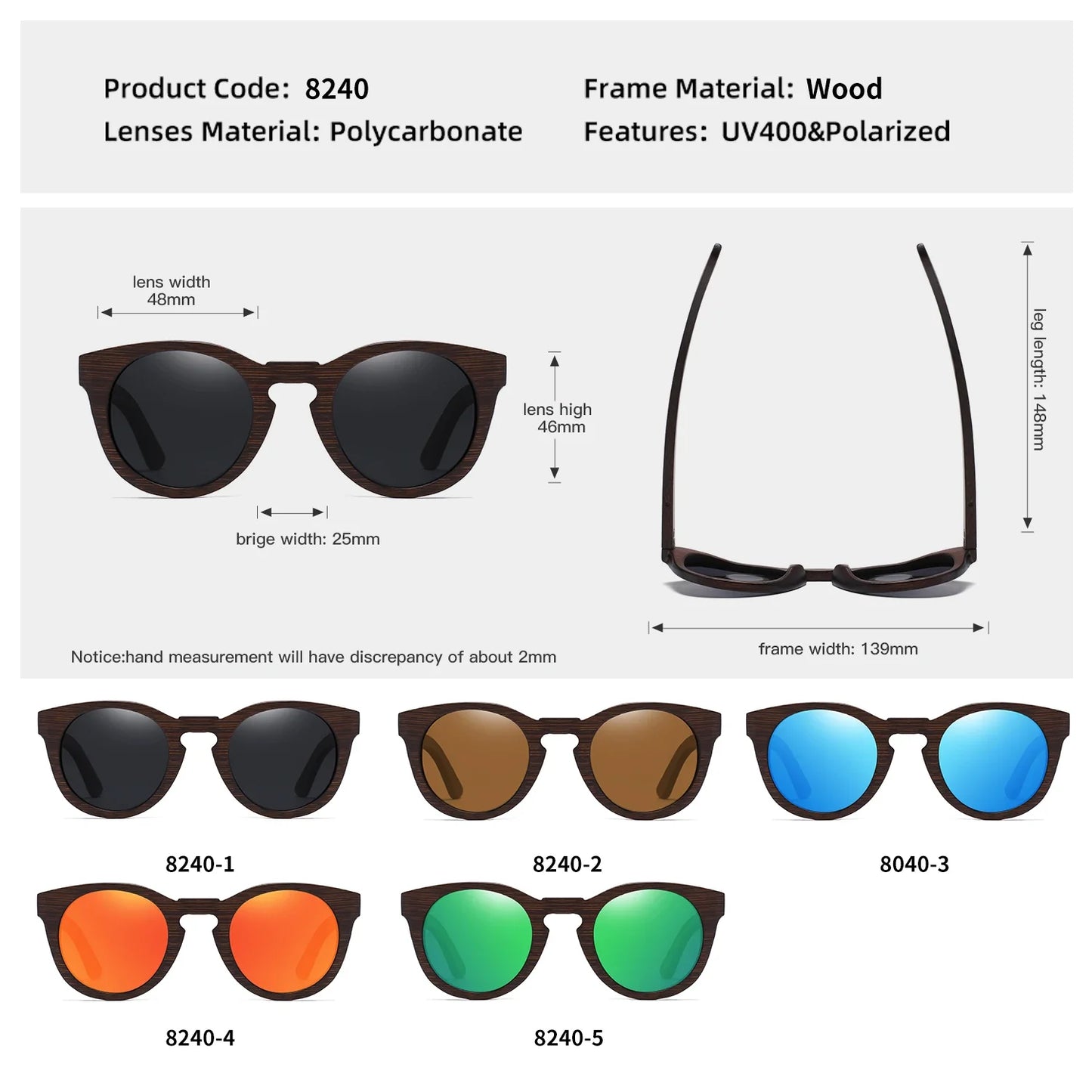 GM Brand Desgin Spring New Style 100% Bamboo Polarized Sunglasses Men Women Fashion Glasses UV400 paper Box 8240