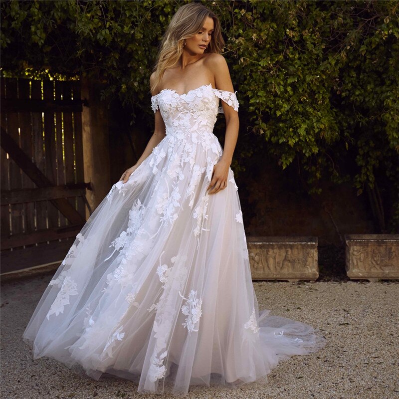 Lace Wedding Dresses Off the Shoulder Appliques A-Line Bride Dress