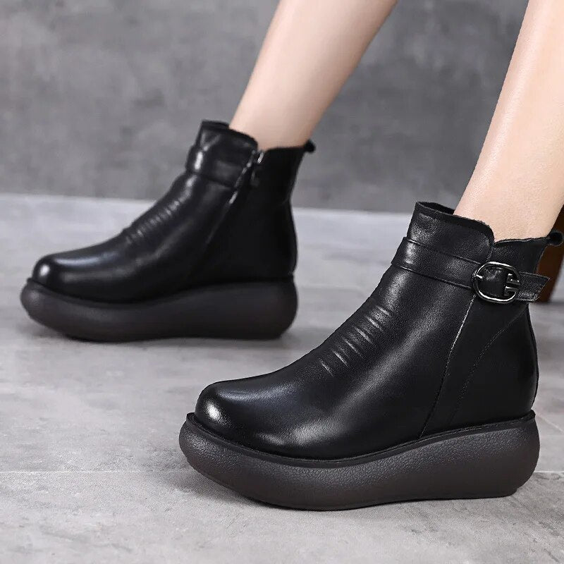 Waterproof Women Snow Boots 100% Genuine Leather Natural Wool Fur Platform
