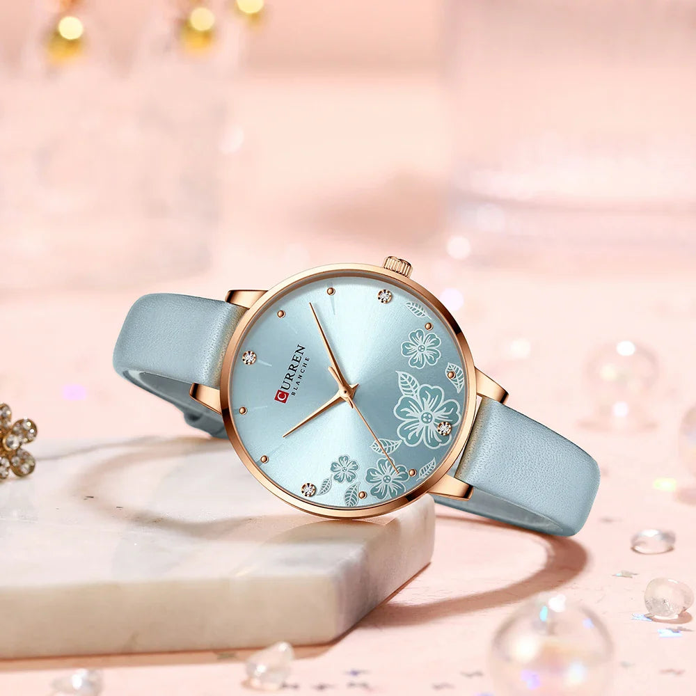 CURREN Watches Women Brand Leather Quartz Wristwatches Luxury Design Clock for Ladies Charm Flowers Dial with box