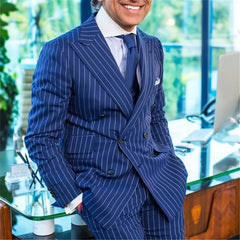 Summer Blue Striped Suits for Men Business Formal Male Blazer Sets Double Breasted