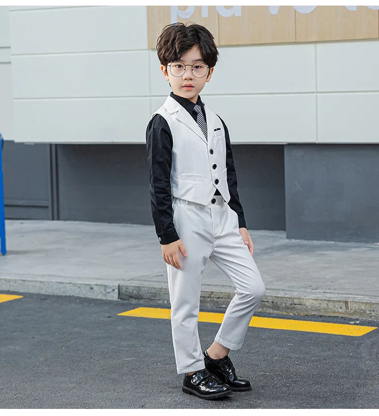 Boy Top Ring Bearer Waistcoat Clothes Set Kids Formal Suits Child Tie Long Sleeve Shirt Vest Trousers Toddler Gentleman Outfits