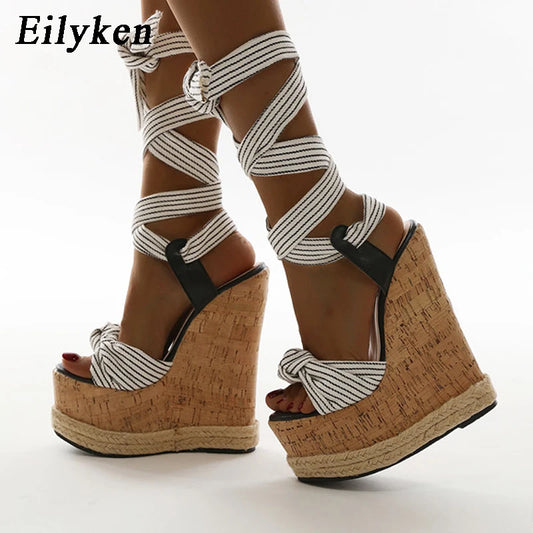 Solid White Platform Wedges Sandals Women Fashion High Heels Ankle