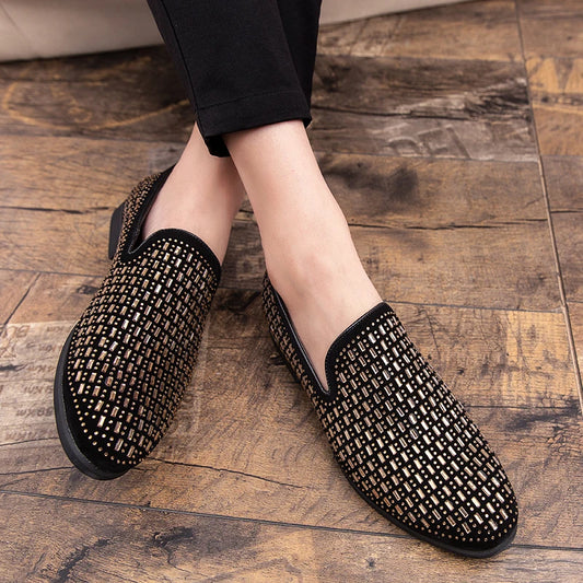Full Shining PVC Bricks Decoration Formal Men Rhinestones Dress Shoes Soft Sole Slip-on Loafers Luxury Party Flats Casual Shoes