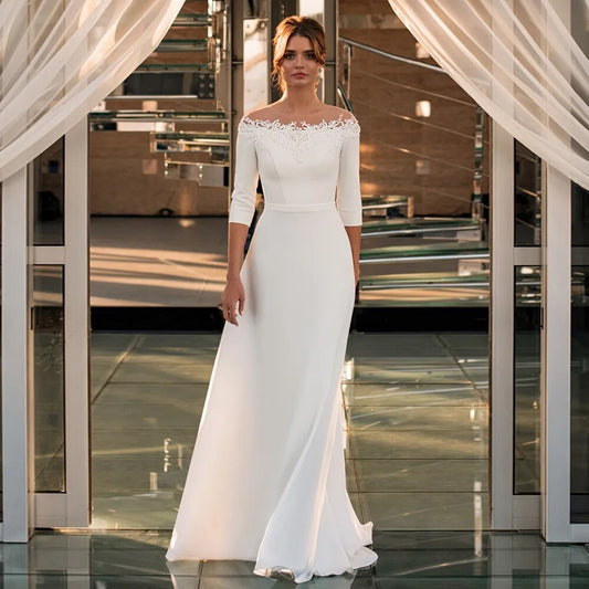 White Bridesmaid Dresses: Wedding Dress Elegant Boat Neck 3/4 Sleeves Beading
