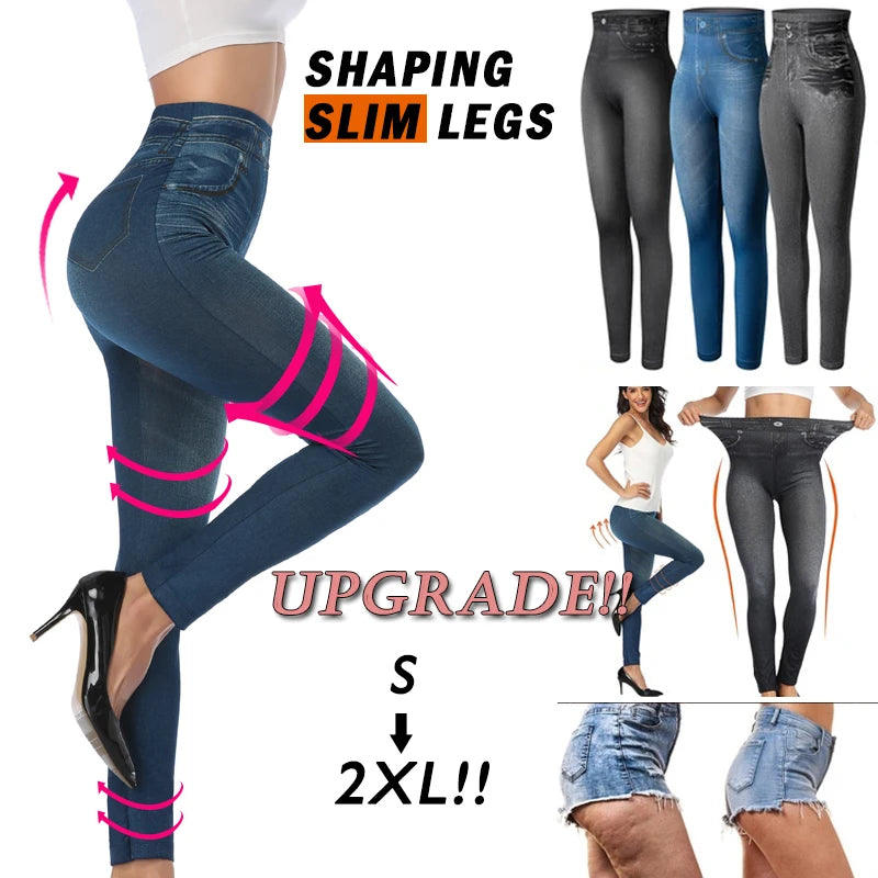 Push Up Seamless High Waist Faux Denim Leggings Women Casual Elastic Pocket Jeans