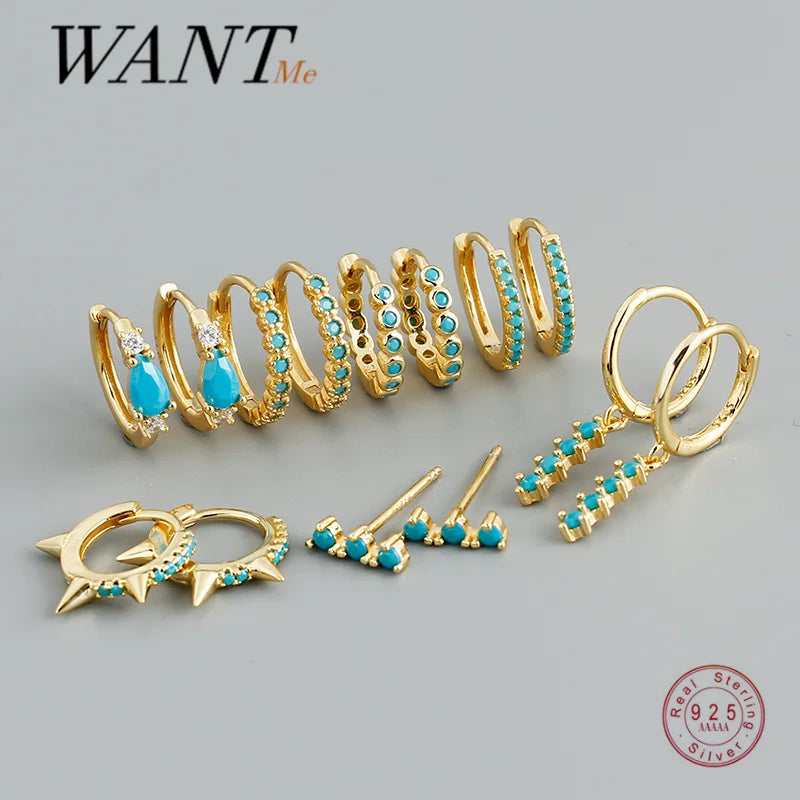 WANTME New Arrival Fashion Korean Blue Zircon Spike Geometric Stud Earrings for Women Real 925 Sterling Silver Gothic Jewelry