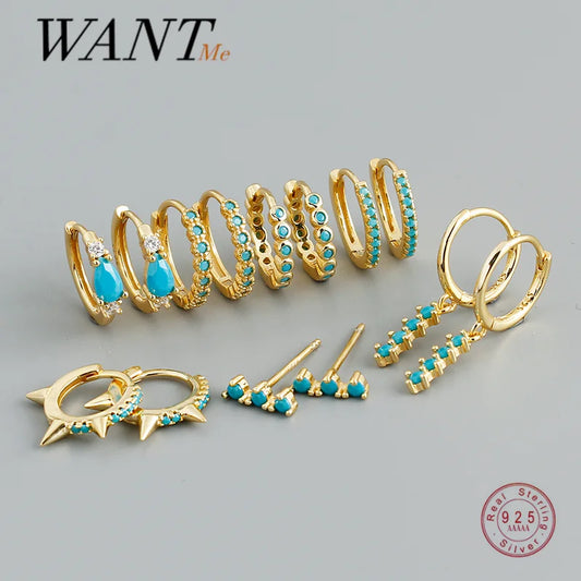 WANTME New Arrival Fashion Korean Blue Zircon Spike Geometric Stud Earrings for Women Real 925 Sterling Silver Gothic Jewelry