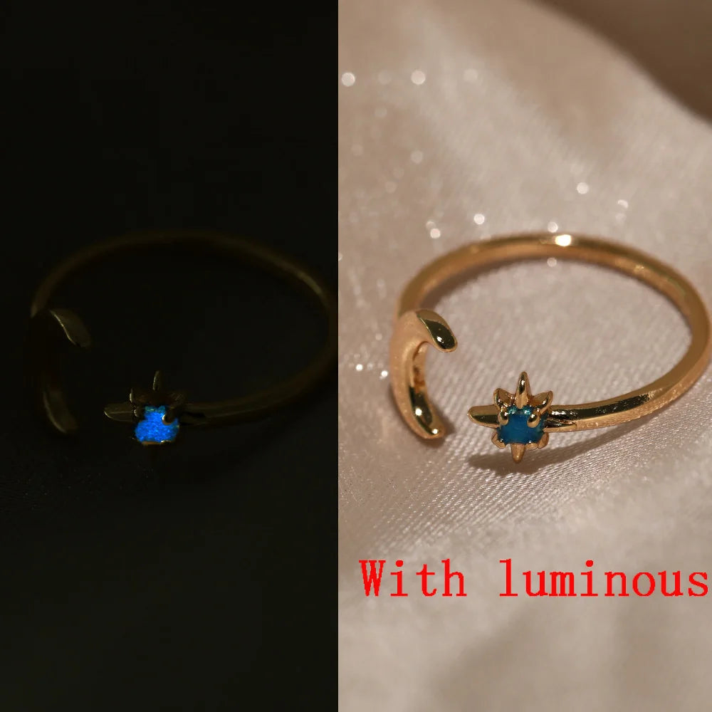 Zircon Moon Star Rings For Women Stainless Steel Glowing Moon Star Adjustable Finger