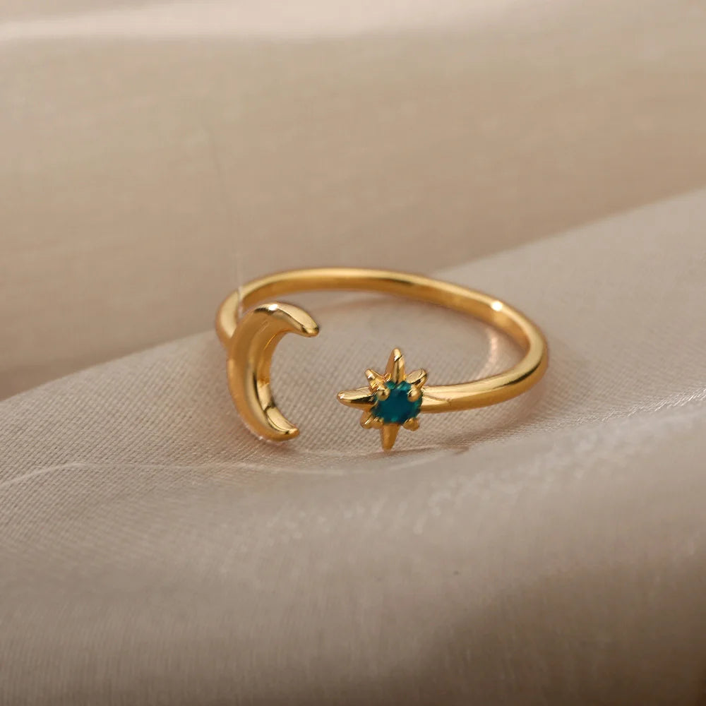 Zircon Moon Star Rings For Women Stainless Steel Glowing Moon Star Adjustable Finger