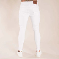 Mens Jeans Hip Hop White Moto Skinny Ripped Pure Color Elastic Denim Pants