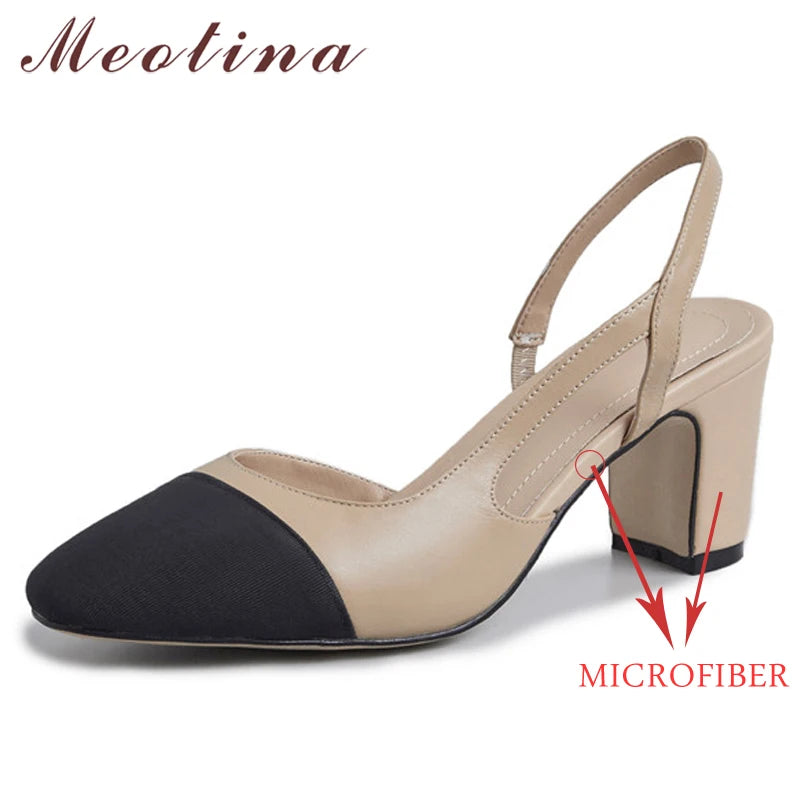 Meotina Low Heels Real Leather Slingbacks Shoes Women Square Toe Pumps Thick Heel Shoes Brand Design Lady Footwear 2023 Size 40