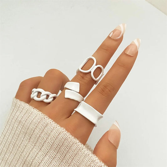 Trendy Acrylic Geometric Hollow Ring Set For Women Bohemian White