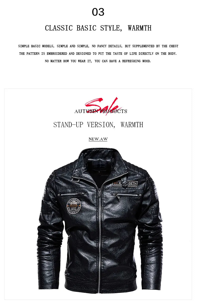 Leather Jacket Men Winter Fleece Motorcycle PU Leather Jacket Mens Stand Collar