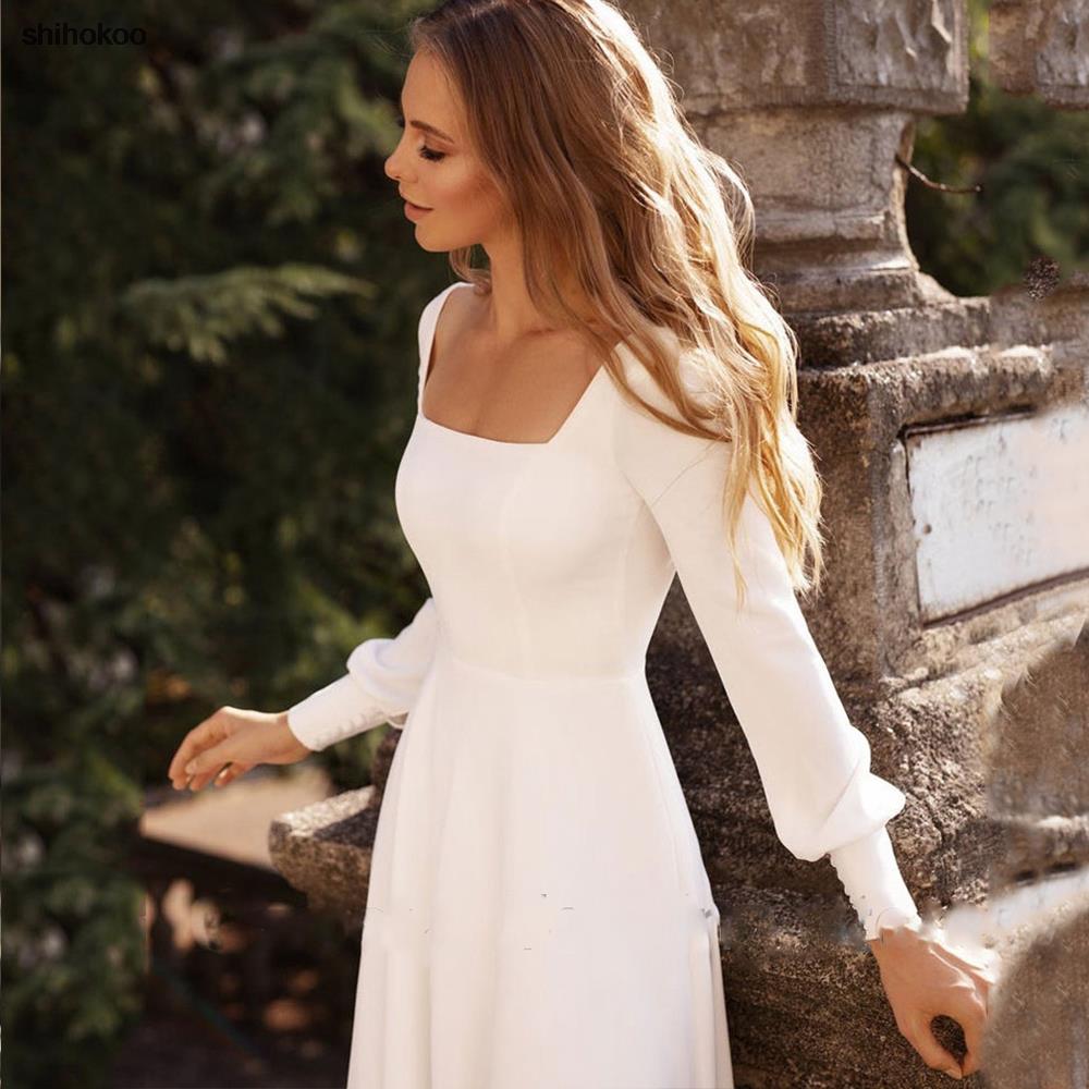 White Bridesmaid Dresses: Long Sleeves Wedding Dress For Women Neck Bride Dresses
