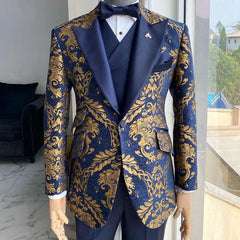 Floral Jacquard Tuxedo Suits for Men Wedding Slim Fit Navy Blue and Gold Gentleman Jacket