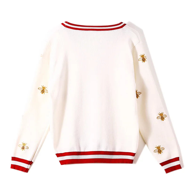 Fashion Designer Bee Embroidery Cardigan Long Sleeve Single Breasted