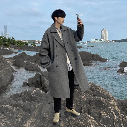 Long Dust Coat Men Winter Korean-style Trench Mens Solid Double Breasted Woolen