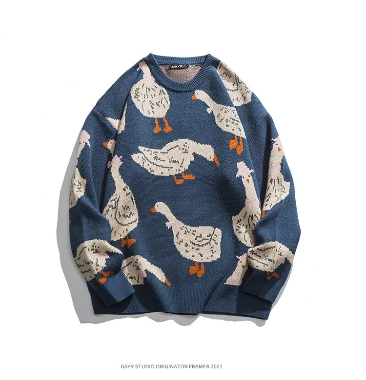 Japanese Knitted Sweater Men Cartoon Animal Duck Goose Print Pullover