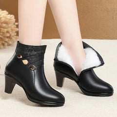 Fashion Female Short Boots Thick Heel Genuine Leather Metal Decorative Cotton Shoes