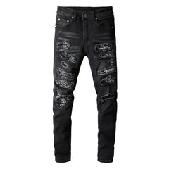 Men's Bandanna Paisley Printed Patchwork Stretch Jeans Streetwear Black Denim