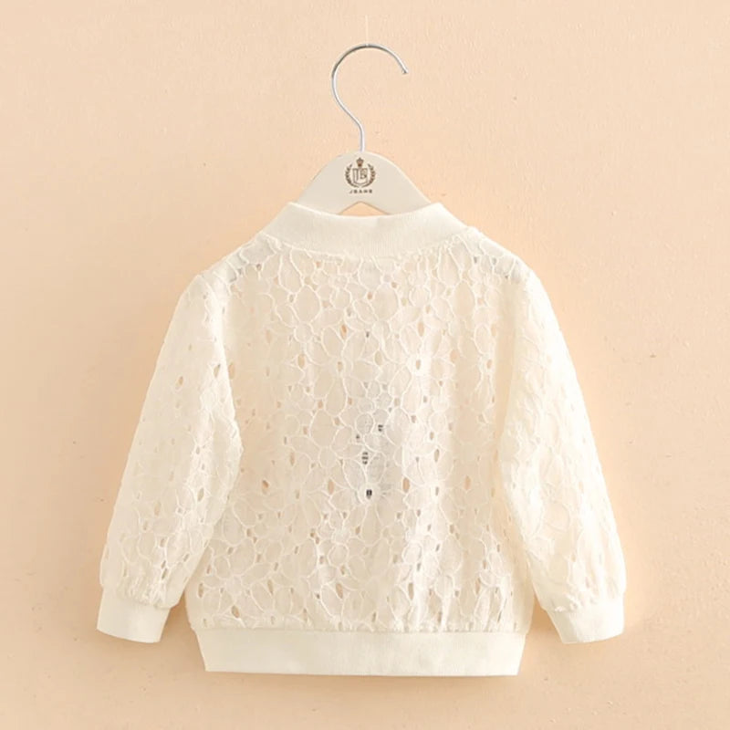 Long Sleeve Sunscreen White Flower Hollow Out Kids Baby Girl Baseball Jacket