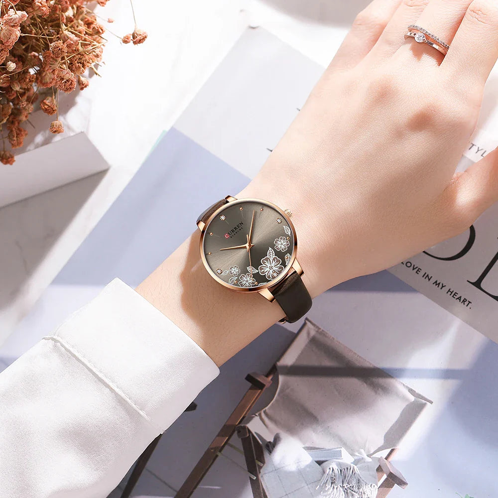 CURREN Watches Women Brand Leather Quartz Wristwatches Luxury Design Clock for Ladies Charm Flowers Dial with box
