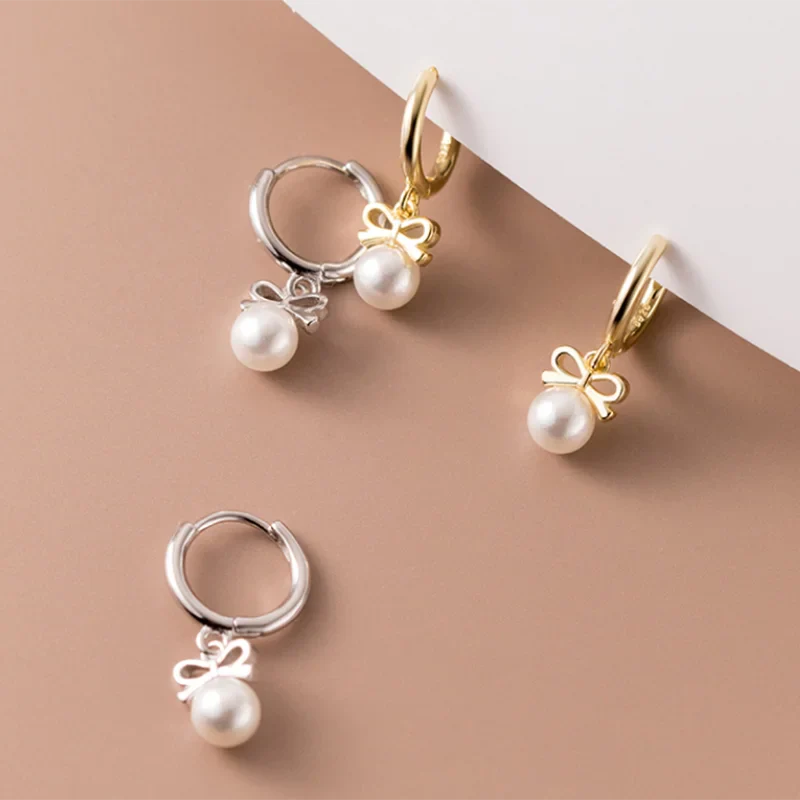 WANTME 925 Sterling Silver Cute Butterfly Synthetic Pearl Pendant Drop Earrings Fashion Charm Gold Plated Huggies Jewelry Women