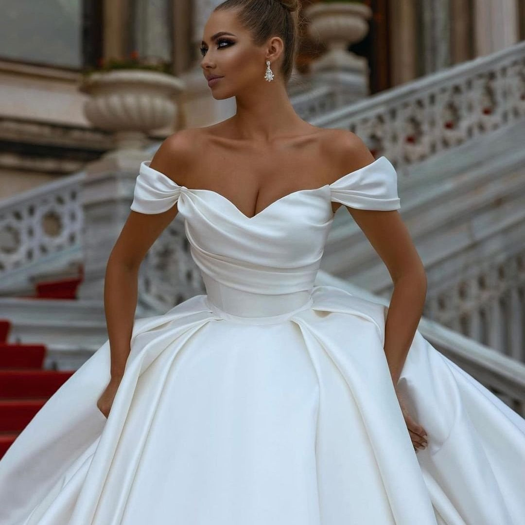 White Bridesmaid Dresses: White Wedding Dresses Off Shoulder Sweep Train Bride Dress